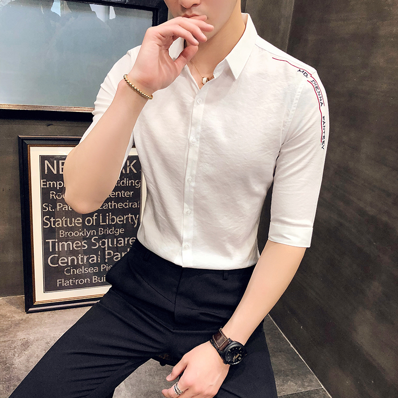 纯色修身中袖衬衫夏款男士韩版帅气五分袖型师气质短袖寸衫商务