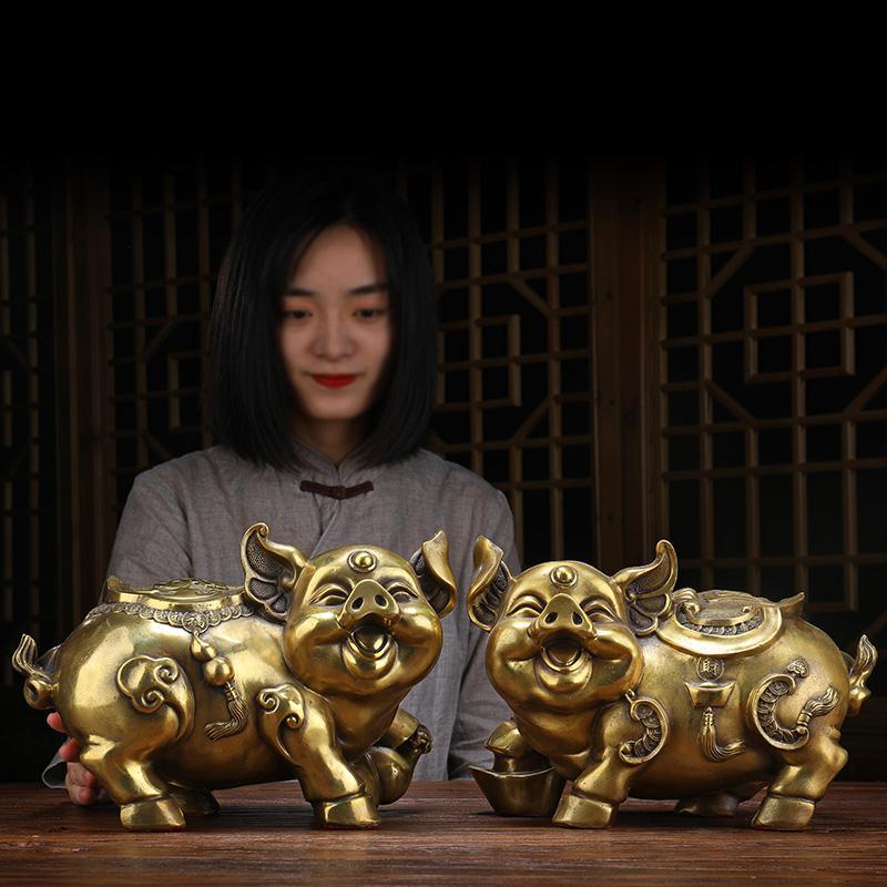 美帮汇铜生肖猪摆件 铜十二生肖猪猪一对家居客厅装饰品高清大图