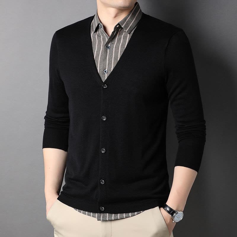 恒源祥春秋款假两件套衬衫领长袖男士针织衫精致时尚休闲男装外穿上衣服图片