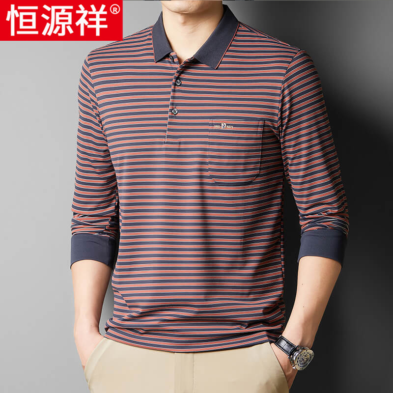 恒源祥长袖t恤男士Polo衫中老年条纹爸爸装春秋薄款宽松口袋款l高清大图