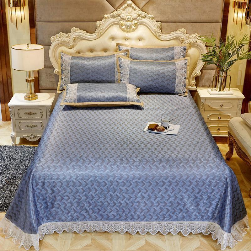 家柏饰(CORATED)冰丝凉席床1.5米床夏季席子三件套1.8米可水洗折叠空调软席 冰藤提花床单款凉席-自由生活蓝 1.8m（6英尺）床