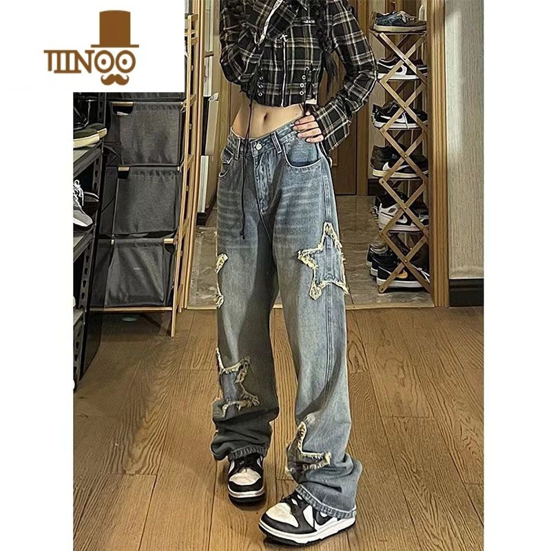 YANXU特大码300斤美式牛仔裤男装潮牌夏季星星阔腿宽松高街直筒长裤子2