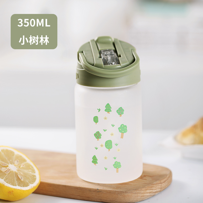 美帮汇茶杯韩版便携玻璃杯清新成人吸管杯潮流创意森系女学生水杯子 小树林-350ML