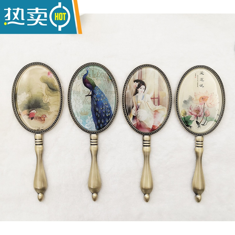 敬平欧式复古青铜金属手柄镜子女化妆镜小号便携随身少女公主圆手持镜 黄底紫绿两只蝴蝶便携式用镜高清大图