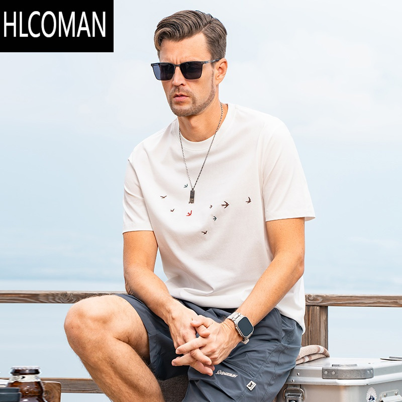 HLCOMAN 凉感冰丝 短袖T恤男2025夏季新款科技冰感棉刺绣圆领上衣