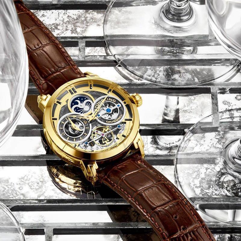stuhrling施图灵男士legacy皮革金色镂空表盘经典时尚流行机械手表m