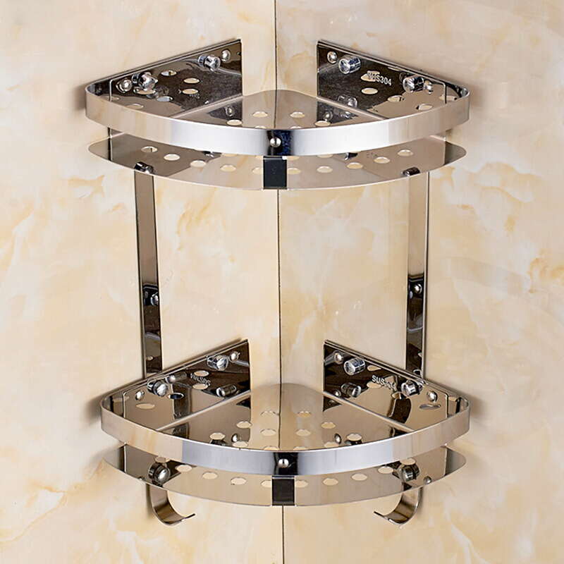 免打孔304不锈钢浴室置物架壁挂卫生间置物架三角架角篮转角架2层波迷