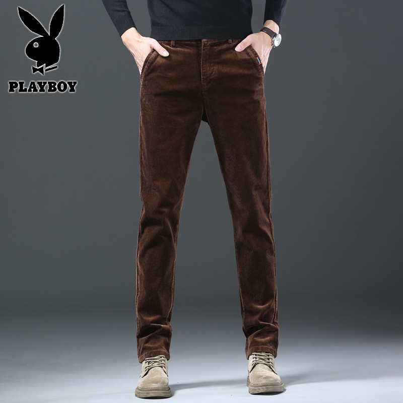 花花公子新款高品质灯芯绒男裤松紧腰头休闲裤弹力修身小直筒裤（支持代发）高清大图