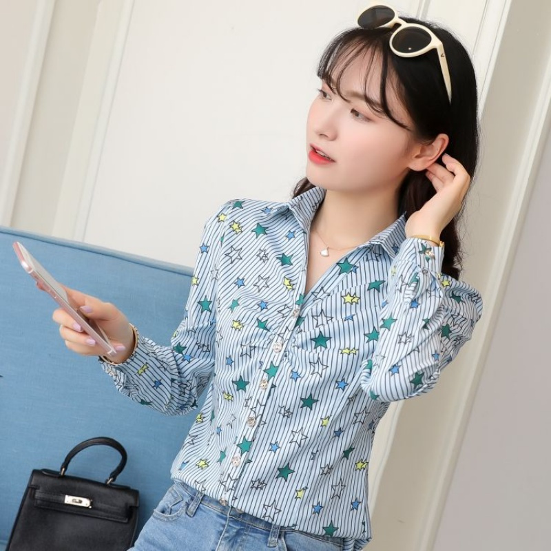 妍鸢秋装新款女2020韩版修身女衬衫百搭V领显廋打底衫女长袖印花上衣