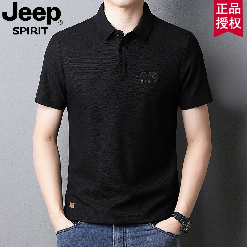 JEEP吉普男士短袖T恤POLO衫胸标商务中年夏季透气 黑色 3XL