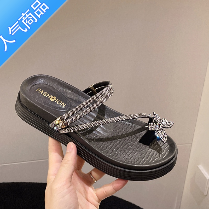 SUNTEK套趾凉鞋拖鞋女夏外穿蝴蝶结水钻两穿罗马仙女配裙子沙滩夹脚凉拖高清大图