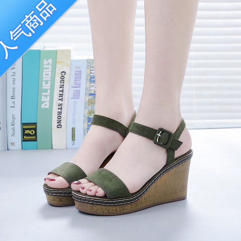 suntek坡跟凉鞋女2022夏季新款中跟高跟凉鞋厚底松糕鞋防水台一字扣