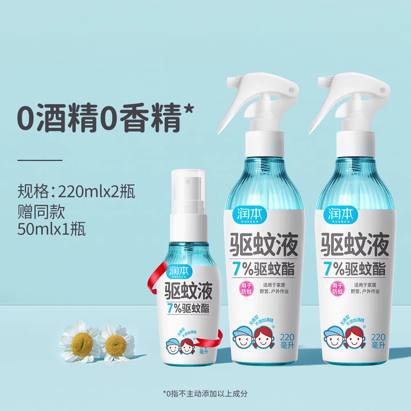 润本(RUNBEN)驱蚊液防蚊喷雾驱蚊水户外专用蚊虫防叮咬蚊怕水花露水 【7%驱蚊酯】220ml*2+50ml*1