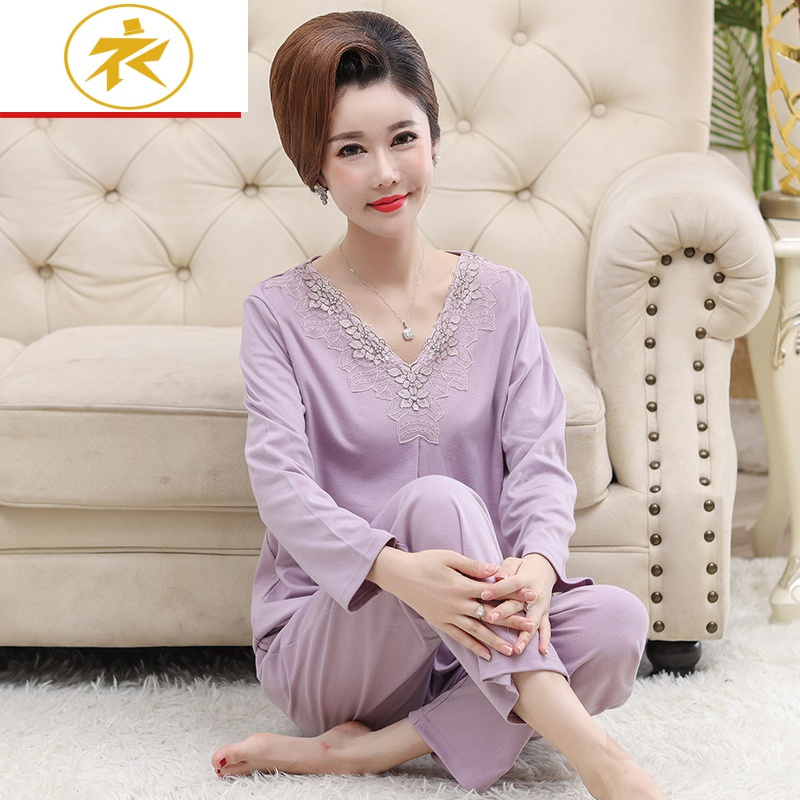 Ideamini春秋季中年妈妈睡衣女秋棉长袖中老年人妇女棉老人家居服套装睡衣