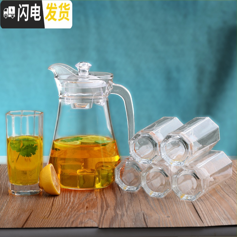 三维工匠家用冷水壶凉开水玻璃水壶凉水壶套装大容量凉水杯扎壶耐热茶壶 1竖纹壶+4高直身杯高清大图