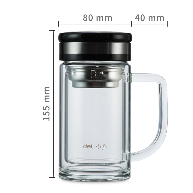 得力(deli) 玻璃杯 8989 双层透明隔热 商务办公杯 带茶隔 320ml