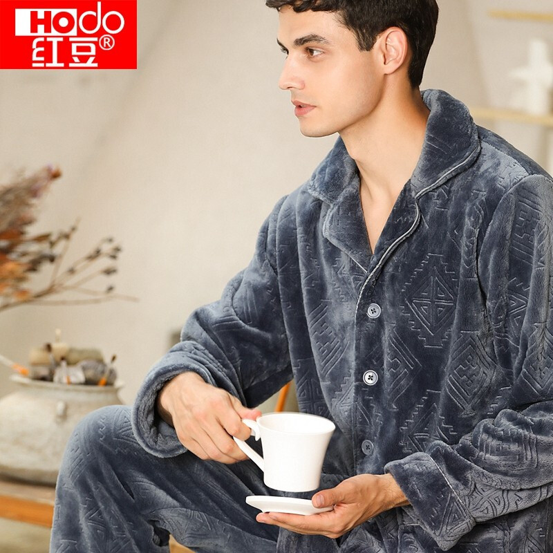 红豆男士法兰绒睡衣加厚加绒保暖秋冬季家居服套装视频