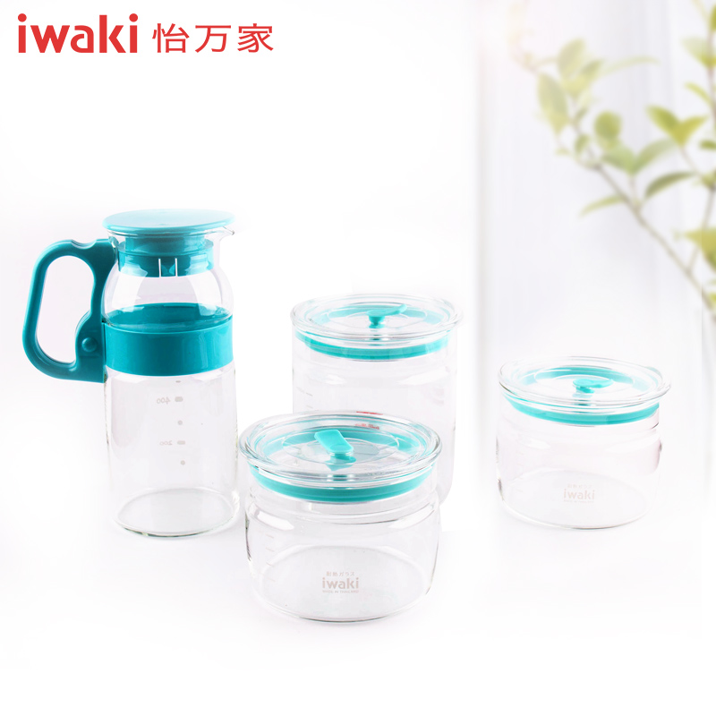[百年品牌,精致生活,高端耐热玻璃水壶]TAMIX-4T1C怡万家iwaki耐热玻璃马卡龙4件套薄荷绿(密封罐+冷水壶)高清大图