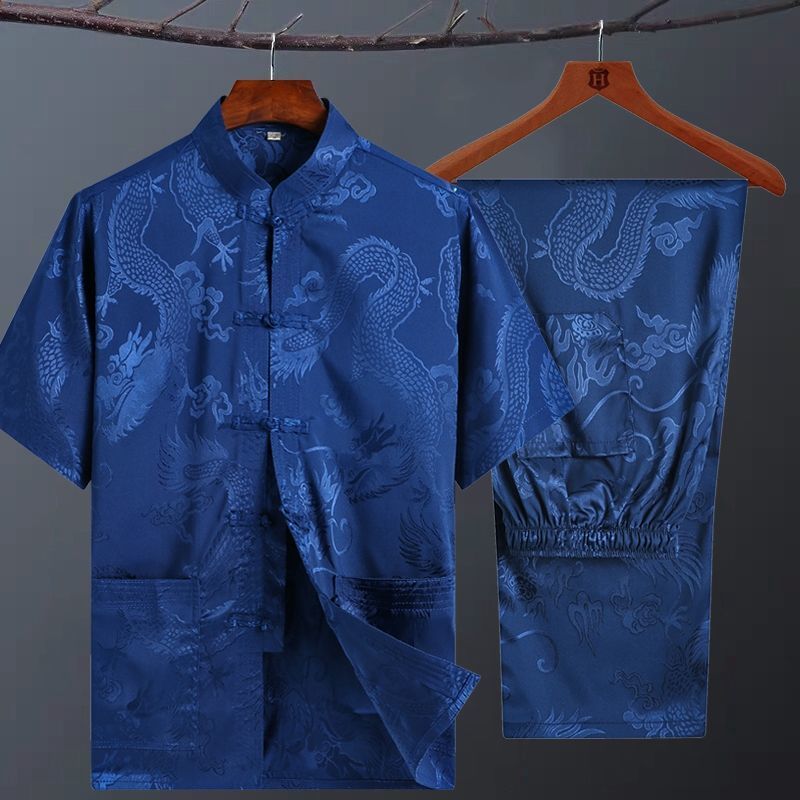 165/84a [85-115斤] 中老年唐装男士爷爷夏季短袖老人衣服中国风冰丝