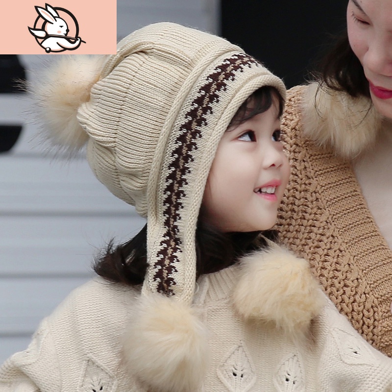 huayangtu女童帽子秋冬韩国公主宝宝毛球护耳帽儿童针织帽冬天可爱