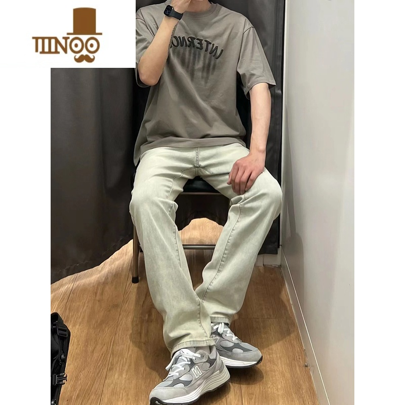 YANXU夏季美式黄泥微喇牛仔裤水洗窄版复古做旧高街直筒男款hipho洗牛裤高清大图