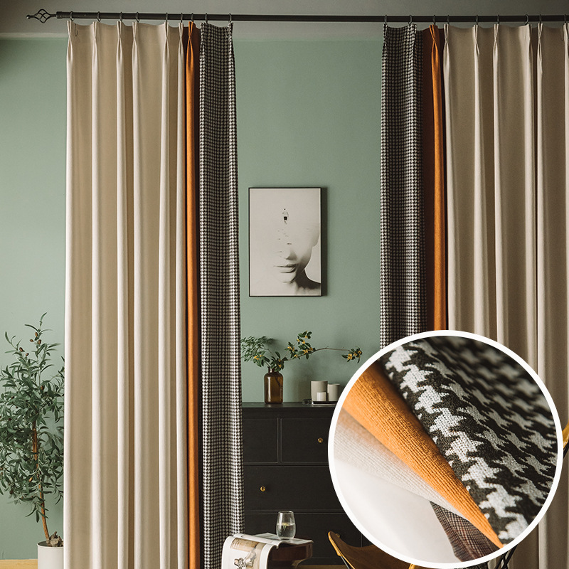 京城派 遮光窗帘千鸟格北欧简约现代挂钩雪尼尔窗帘打孔窗帘飘窗客厅帘子遮阳布纯色拼色轻奢卧室挂钩窗帘 黑千鸟格拼橙白 【韩式款】定制：宽2.0*2.7高*单片