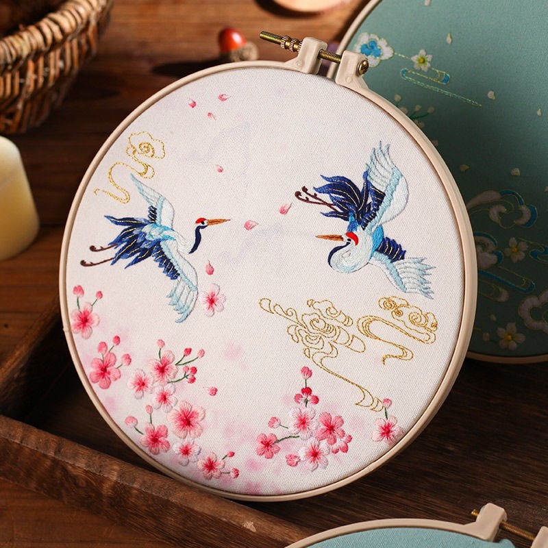 鹤与桃花材料包辅助绣绷手工刺绣手帕diy手工自绣材料包绣品团扇初学