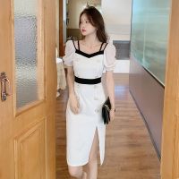 女士裙子新款时尚夏季2021气质性感开叉包臀裙洋气显瘦连衣裙修身 白色 61328# S 100斤内左右