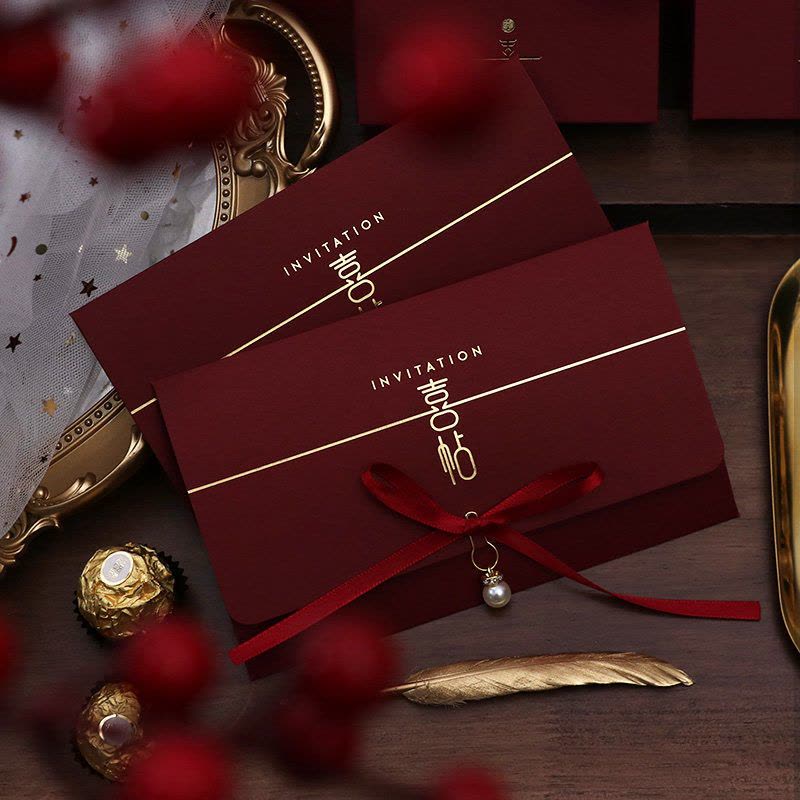 大红喜帖+金丝带/10份 手写款|结婚庆请柬喜帖2021婚礼创意用品订婚书中婚宴邀请函请帖图片