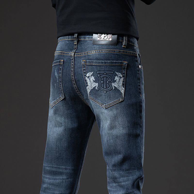 欧货牛仔裤男士修身小直脚弹力裤子潮牌TB加厚秋冬款棉质水洗蓝色图片