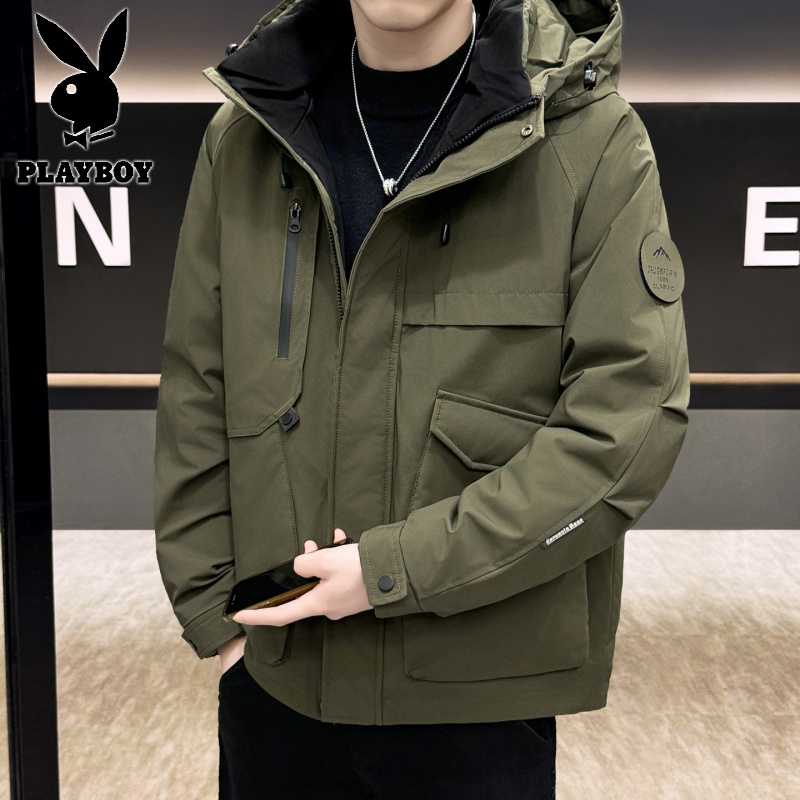 花花公子新款高品质新国标90白鸭绒工装羽绒服男女同款冬季连帽保暖羽绒情侣外套_827高清大图