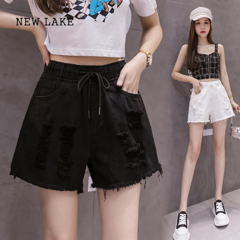 lake大码白色破洞牛仔五分裤女夏季宽松热裤胖mm松紧腰抽绳阔腿短裤