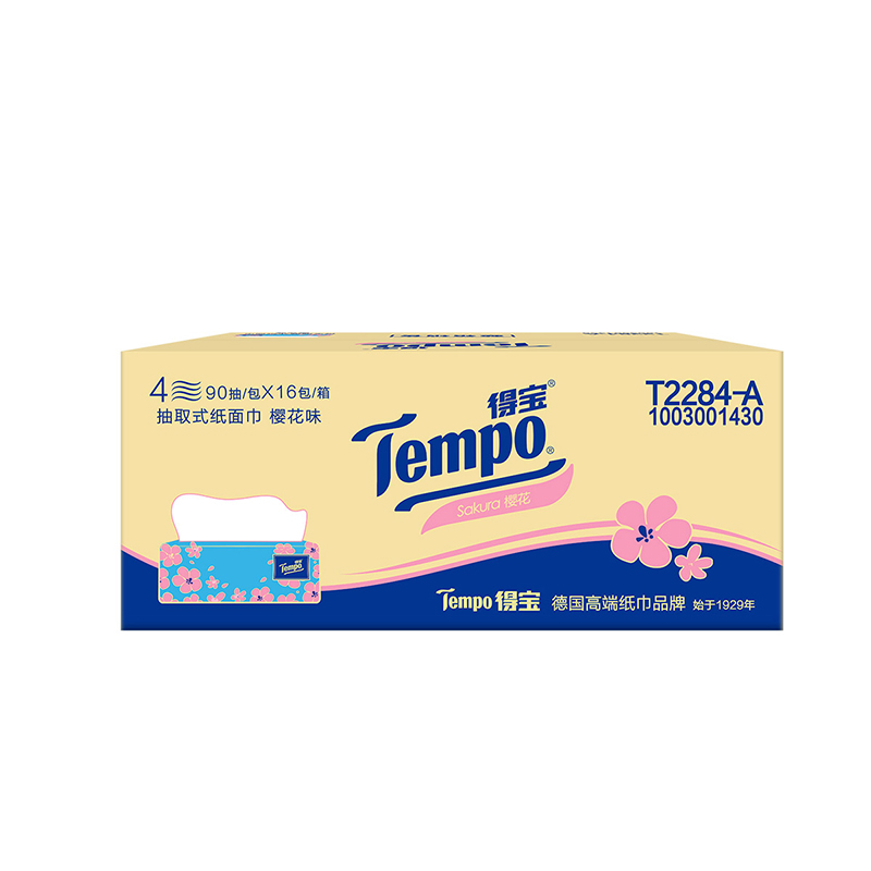 T2284-A 得宝90抽四层(樱花味)抽纸(1×16)装/箱 1箱高清大图