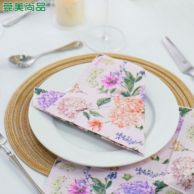 莞美尚品花开富贵绣球彩色餐巾纸原生木浆纸巾三层加厚便携装12包