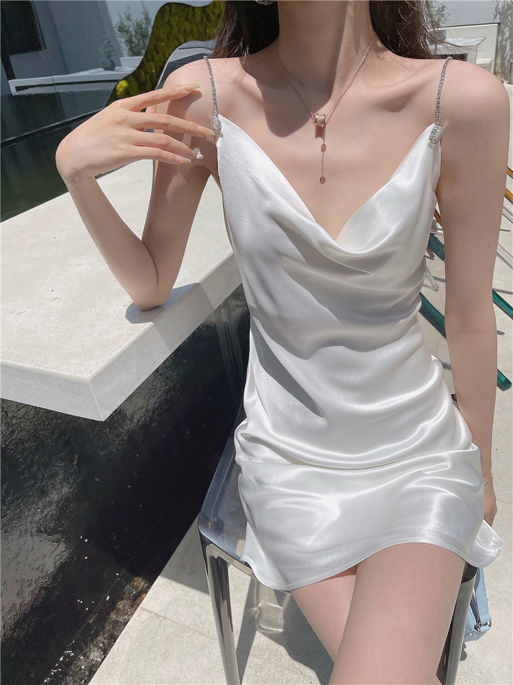 名媛钻肩带白色短款性感法式醋酸绸缎面吊带连衣裙子洋装小礼服夏