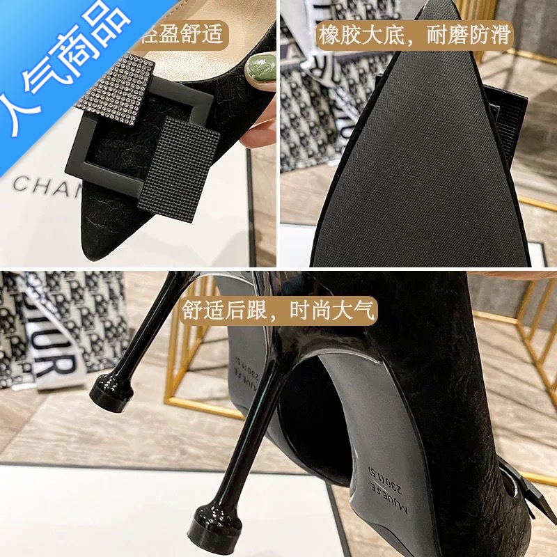 SUNTEK法式少女高跟鞋女2021年新款春款百搭设计感小众细跟浅口尖头单单高清大图