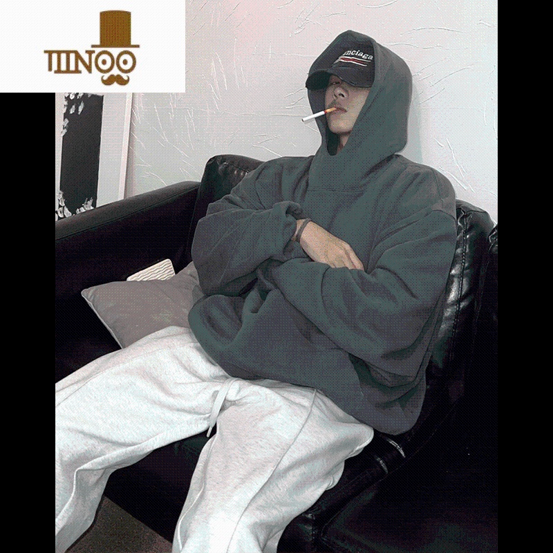 YANXU美式街头oversize基础纯色连帽卫衣男ins潮牌加绒加厚上衣高清大图