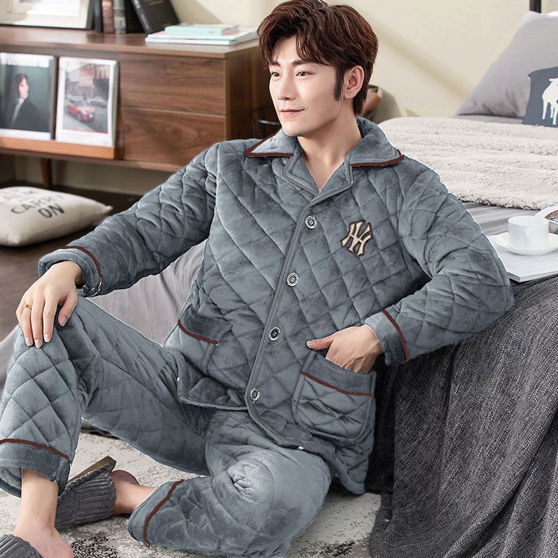 男士睡衣冬季珊瑚绒加厚加绒青年三层夹棉袄秋冬款保暖法兰家居服聿垣