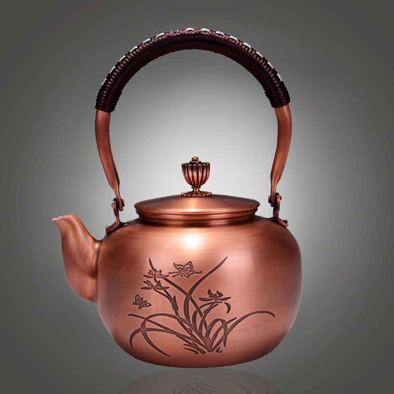 大容量铜壶煮茶壶手工原色紫铜壶 烧水壶茶具铜器养生壶泡茶壶 1.2L7号兰花