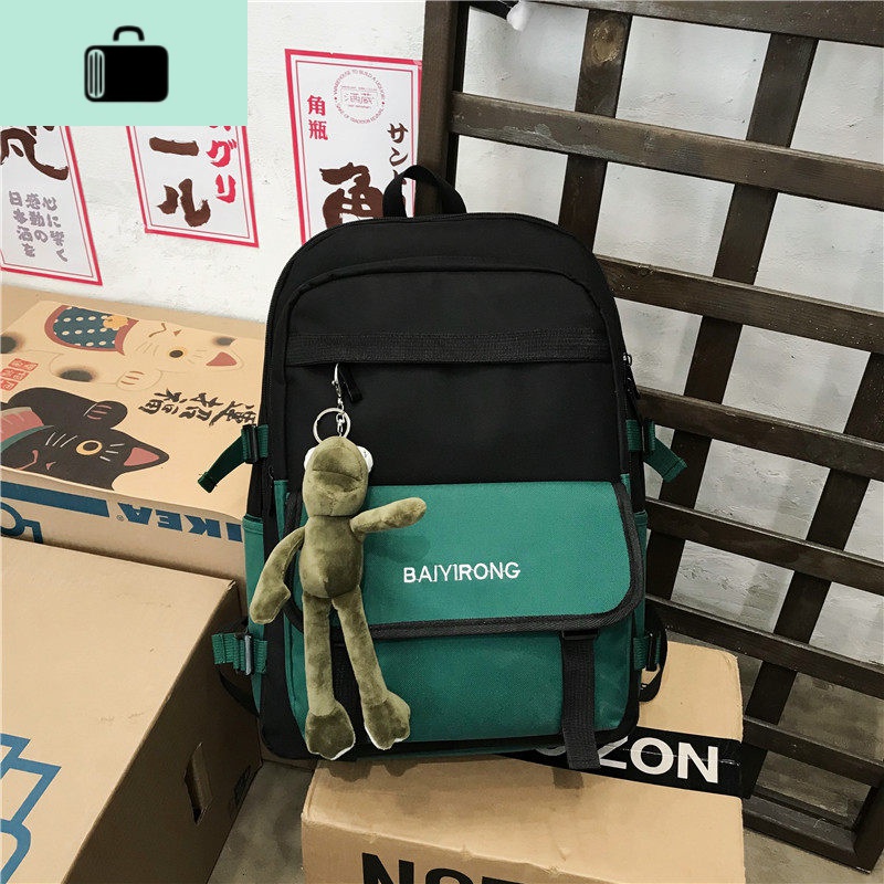 书包女韩版高中学生大容量百搭时尚潮流工装双肩包男潮牌ins背包NEW LAKE 绿色带挂件