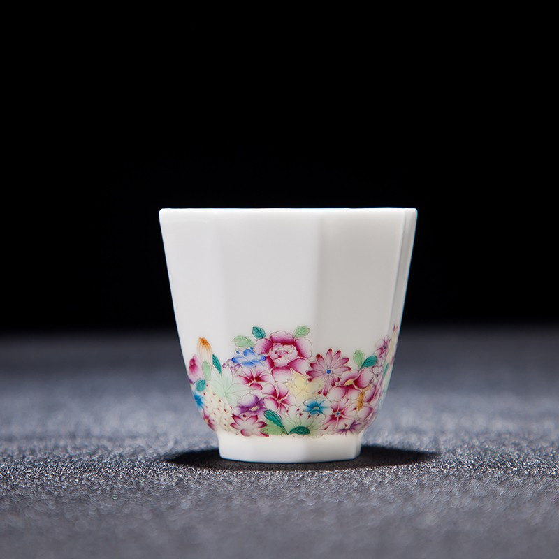 鼎亨手绘万花粉彩个人八角杯纯手工品茗杯单杯主人杯功夫杯景德镇
