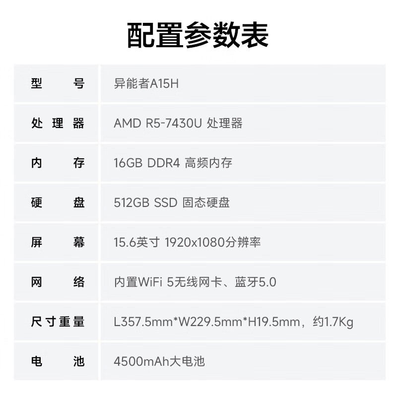 联想(Lenovo)生态 异能者笔记本电脑 A15H 15.6英寸 R5-7430U 16G+512G轻薄性能本办公商务本高清大图