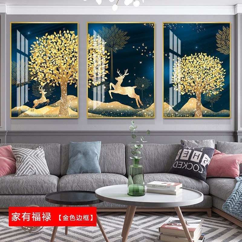 客厅装饰画沙发背景墙挂画北欧壁画三联组合轻奢麋鹿晶瓷餐厅墙画 家有福禄（金色边框） 80*100cm三联套装（建_420