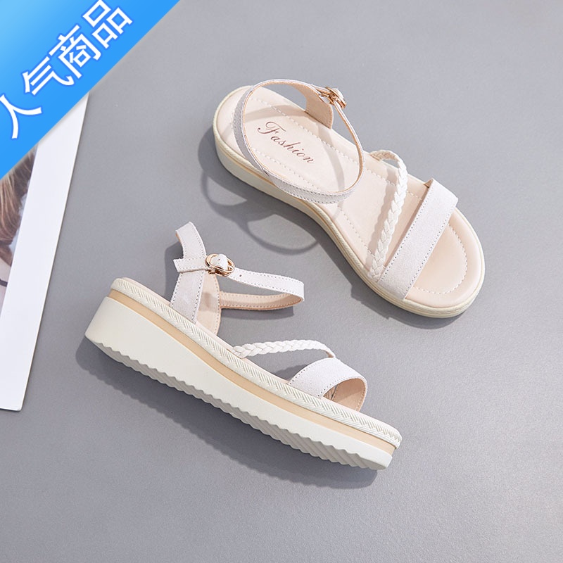 SUNTEK凉鞋女2023年新款夏季厚底坡跟仙女风配裙子时装平底女士外穿凉拖 米灰色 40