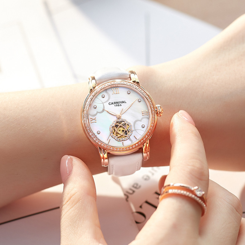 瑞士嘉年华Carnival手表机械表 女士时尚潮流玫瑰金新款镂空花瓣腕表镶钻防水真皮皮带简约学生女表8806高清大图