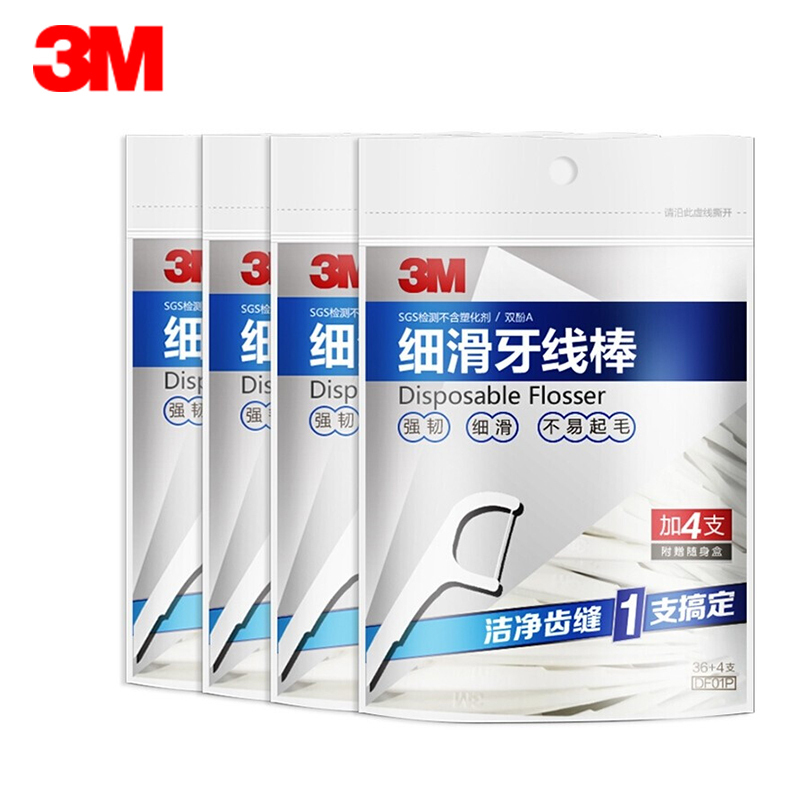 3M细滑牙线棒弓形牙齿牙缝护理清洁齿缝高拉力家庭装(36+4支装)4包装