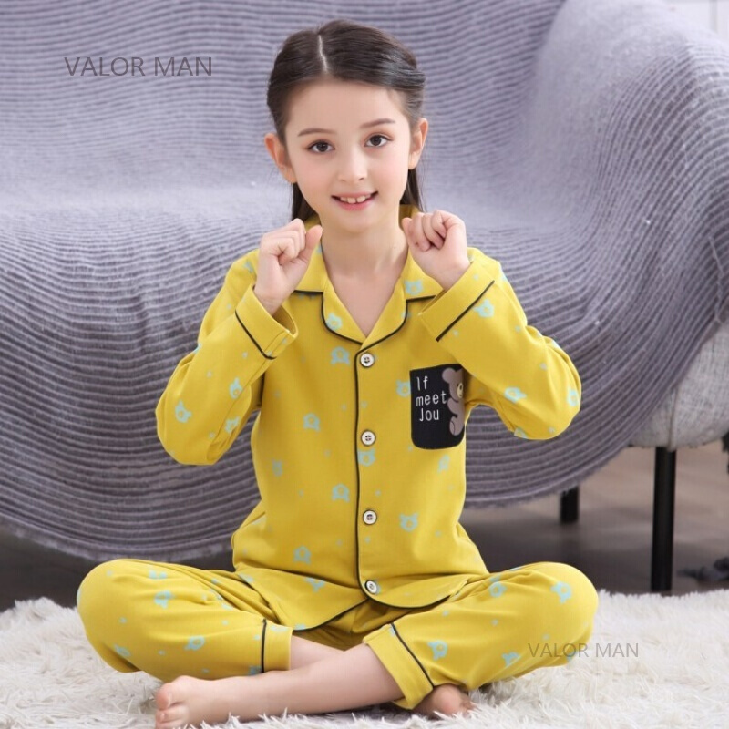 儿童睡衣纯棉春秋季大童小女孩公主女童家居服套装春夏15岁KAY11160开衫长袖女童S码[145-150CM体重70-8