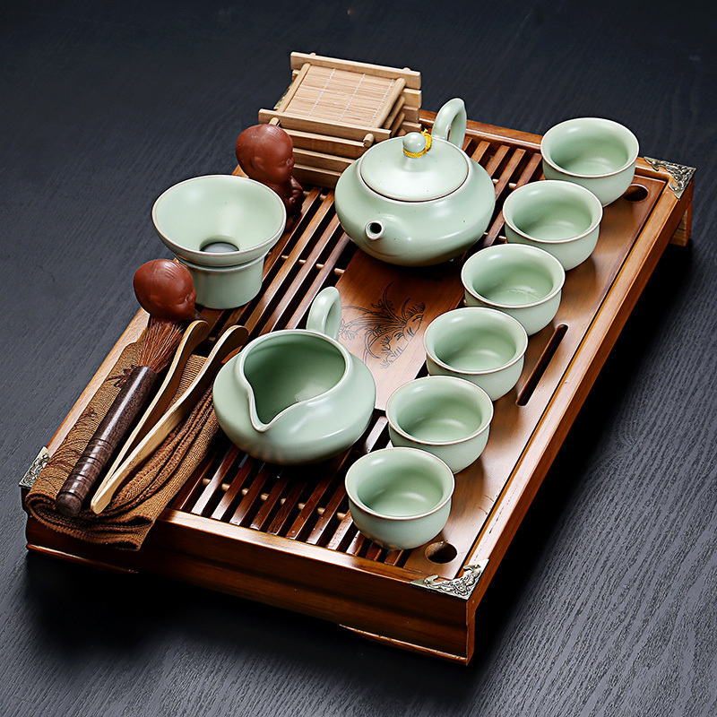 紫砂陶瓷功夫茶具套装家用茶杯简约办公木小茶盘阿斯卡利抽屉式茶台整套年年有余+汝窑如意