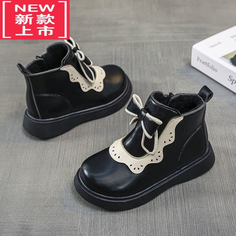 可莉允女童公主蝴蝶结马丁靴2022冬季儿童靴子皮靴女加绒短靴保暖雪地靴图片