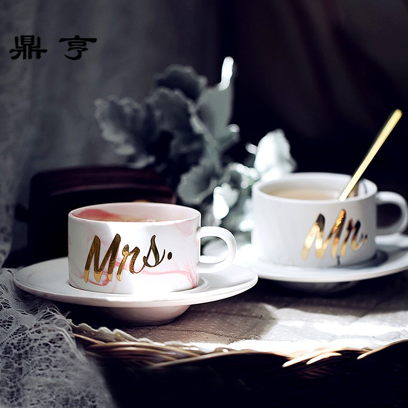 鼎亨ins风 咖啡杯碟北欧 陶瓷情侣杯 马克杯大理石纹创意牛奶杯早